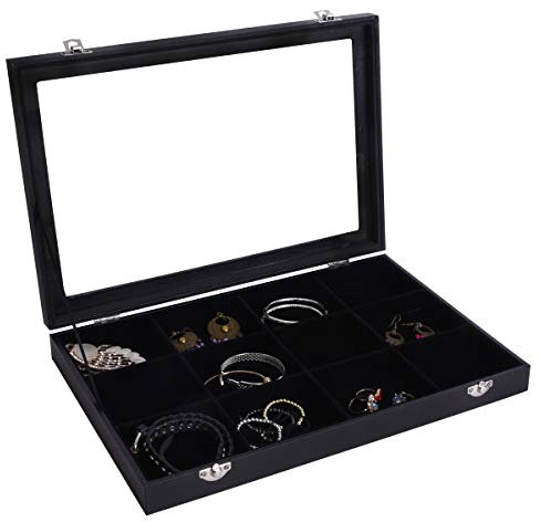 AUTOARK AJ-082 Boîte à bijoux en velours avec couvercle transparent 12 compartiments Noir