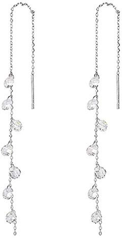 SLUYNZ 925 Plata Esterlina Chispeante CZ Gotita Pender Pendientes para Mujeres Adolescentes Elegantes Pendientes de Enhebrador Largo (A-Silver)