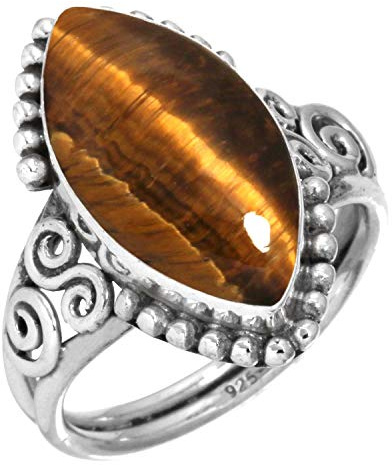 Jeweloporium Bague en argent sterling 925 avec œil de tigre marron, taille 64,5, pour femme, bijou bohème avec véritable pierre marquise