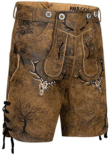 PAULGOS Herren Trachten Lederhose HK6 Antik + Träger, Echtes Leder, Größe 48, Whiskybraun