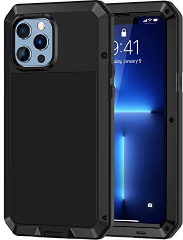 Lanhiem Heavy Duty Case for iPhone 13 Pro Max Shockproof Cover Tough Armour Metal Case with [Tempered Glass Screen Film], 360 Full Body Protective Case Cover for iPhone 13 Pro Max - Black