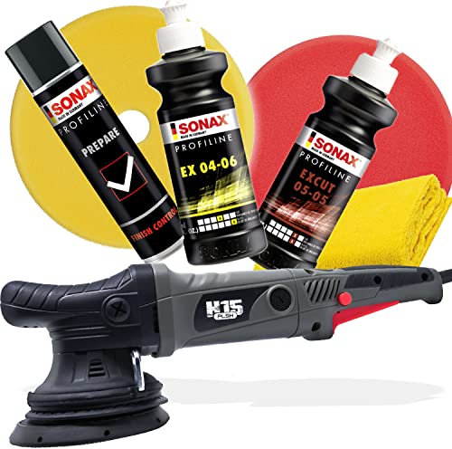 detailmate Polier Set: PLSH H15 Poliermaschine + SONAX ProfiLine Polituren & Prepare Lackreiniger + Polierpads 150mm + 3M Band + Poliertuch - Profi Politur Auto & Motorrad Lack