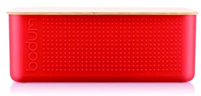 Bodum Bistro 11555-04 Brotdose, groß, Deckel aus Bambus, 24 cm x 37 cm x 14 cm, Rot