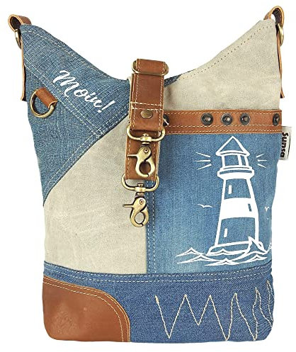 Sunsa Damen Umhängetasche. Maritim Schultertasche aus Canvas mit recycelte Jeans & Leder. Vintage Still Crossbody Tasche. Nachhaltig Handtasche als Geschenkideen für Frauen/Mädchen