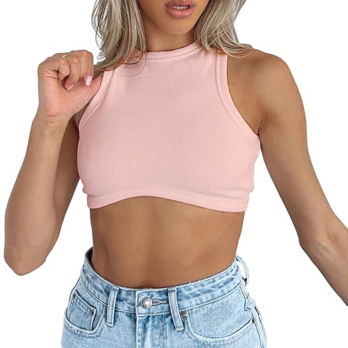 Dwnval Canotta sexy senza maniche girocollo a costine Crop Top lavorato a maglia per le donne, Rosa chiaro, XS