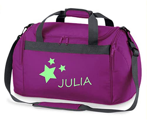 Kinder-Sporttasche mit Namen & Sternen | Personalisierte Schwimmtasche Reisetasche Mädchen und Jungen | Kinder Tragetasche zum Umhängen für Schule Sport Reisen (lila)