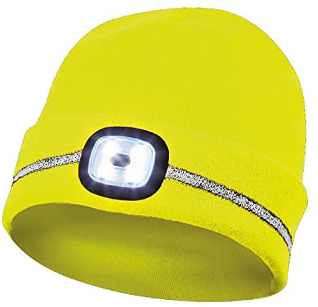 Gebol LED Mütze gelb | Stirnlampe auf Strickmütze | Beanie mit Reflexionsstreifen | USB-Anschluss zum Aufladen | 60 Minuten Leuchtdauer | 4 Leuchtstufen | Unisex | Gelb | 1 Stück