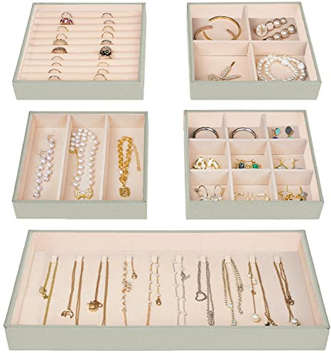 ProCase 5er-Set Schmucktablett Organizer Schmuckschalen, Stapelbar Schmuck Schublade Organizer, Schmuckeinsatz Schmuckaufbewahrung für Halsketten, Armbänder, Ohrringe, Ringe,Uhren-Grau