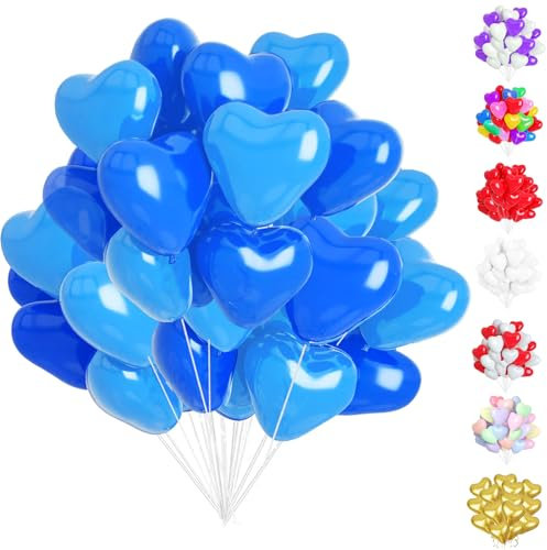 50 Stück Herzluftballons Blau, 12 Zoll Herzluftballons, Helium Herzluftballons, Latex Ballons mit Herzform für Geburtstags Valentinstag Hochzeitsdeko Brautdusche Verlobung Party