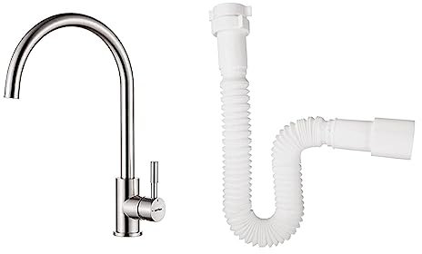 GRIFEMA Küchenarmatur Mischbatterie 360° Drehung & Sanitop-Wingenroth Siphon | Flexibles Anschlussrohr für Spüle | Röhrensiphon als Geruchsverschluss | 1 1/2 x 40/50 mm | Reduzierstück 1 1/4 | Weiß