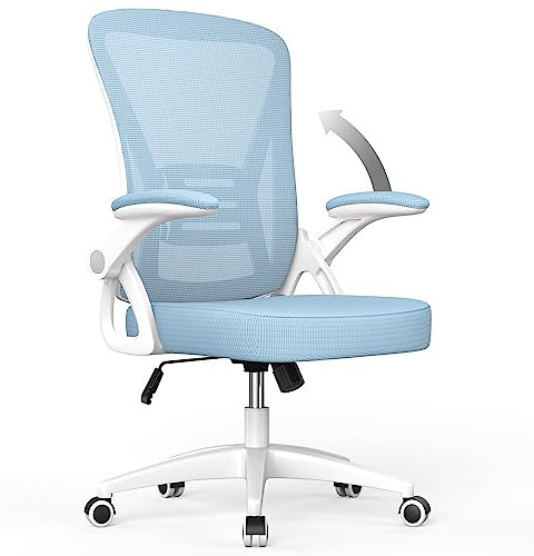 rattantree Silla de Oficina, Silla de Escritorio Ergonómica con Reposabrazos Plegables, Altura Ajustable, Soporte Lumbar, Silla Giratoria para Computadora con Cojín de Asiento Acolchado, Azul