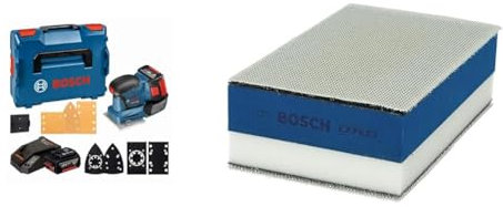 Bosch Professional 06019D0201 Levigatrice Orbitale, Blu + 1x Spugna EXPERT Dual Density per Legno, 80 x 133 mm, include Abrasivi a Rete EXPERT M480 2xP80, 2xP120, 1xP184
