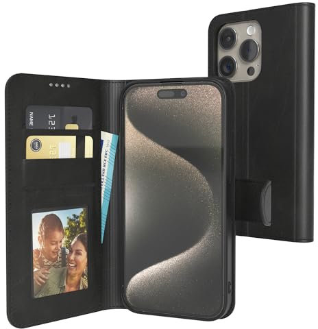 EAZY CASE - Klapphülle für iPhone 15 Pro Hülle klappbar Kameraschutz Schutzhülle magnetisch Flip Case Ständer Kunstleder Klapptasche mit Kartenfach Sichtfenster für Foto Premium Handyhülle Schwarz