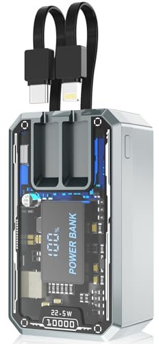 JYTIGV Portable Charger 10000mAh,22.5W Fast Charging Small Power Bank with Built-in Cables,Transparent External Battery Pack,Portable Phone Charger for iPhone iPad Samsung LG Android Cellphone