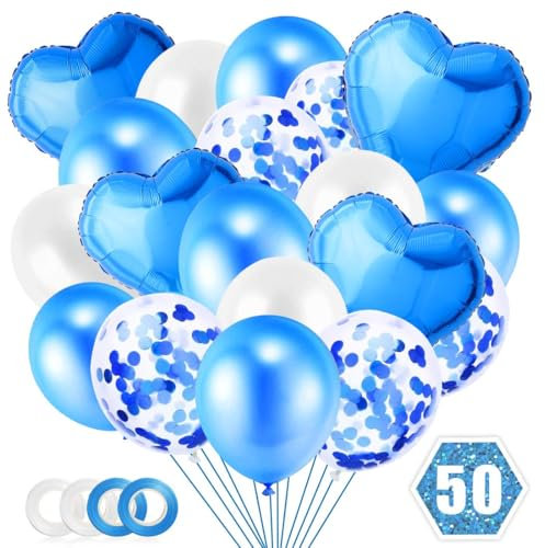 Blau Luftballons 50 Stück Herzluftballon Latexballons Konfetti Ballons mit Bändern Helium Ballon Folienballon Set für Geburtstag, Hochzeit, Baby-Dusche, Party Deko