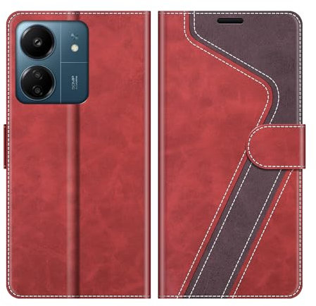 MOBESV Hülle für Xiaomi Redmi 13C Handyhülle, Lederhülle mit Kartenfach, Klapphülle mit Ständer, Flip Case Handytasche Schutzhülle, Modisch Rot