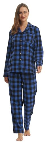 YUSHOW Pyjama long pour femme - Deux pièces - Coton - Hiver - Flanelle - Haut long - Pantalon de pyjama à carreaux - Coton - Combinaison d'intérieur douillette - Ensemble de salon de Noël, Bleu et