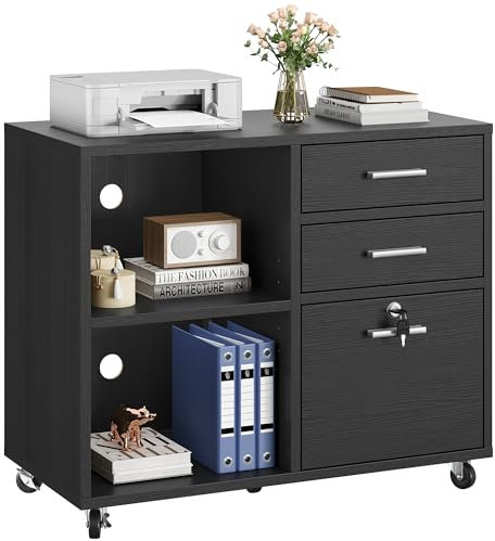 YITAHOME Archivador móvil con 3 cajones, archivador rodante para Oficina en casa, gabinete de Almacenamiento de Madera para Documentos tamaño A4, Mesa de Impresora con Compartimentos Abiertos con