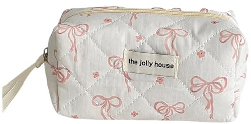 Fiorky Gesteppte Make-up-Tasche mit Schleife, Kosmetik-Organizer, große Kapazität, Make-up-Aufbewahrungstasche, ästhetische tragbare Kosmetiktasche, niedliche Reise-Kosmetiktasche