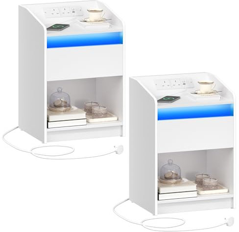 Hzuaneri Bedside Table Set of 2 with LED Light, Bedside Cabinet with Charging Station, 1 Storage Drawer Nightstand for Bedroom, Living Room, 2 USB Port, 2 Outlets, Open Compartment White NS09003XUK