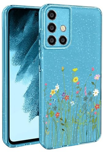 BEENTRYS Blumen Handyhülle für Samsung Galaxy A51 4G,Glitzer Floral Aesthetic Design Frauen Mädchen Stoßfeste Weiche TPU Silikon Glitter Schutzhülle für Samsung Galaxy A51 4G(S201-Blau)