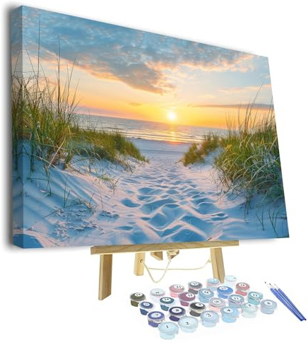 TISHIRON Malen nach Zahlen Erwachsene,Sonnenuntergang am Meer DIY Handgemalt Ölgemälde Kit Sand, Gras und Wellen Paint by Numbers Adult Mit 3 - Pinseln und Leinwand Kit 40 X 50 CM -Mit Rahmen