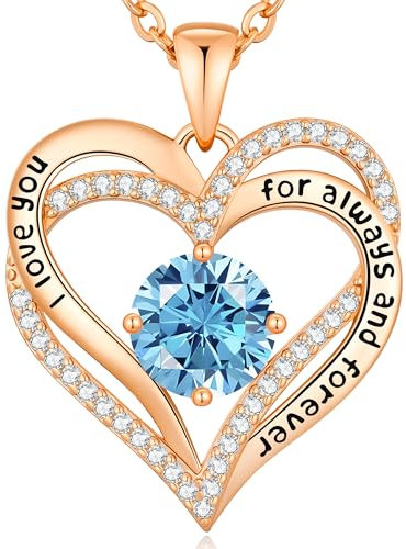 CDE Necklaces for Women Birthstone Pendant, Sterling Silver Love Heart Rose Gold Jewellery Gifts for Mum Her Wife Girlfriend Anniversary Birthday Mothers Day (Brass, Rose Gold-03-Mar)