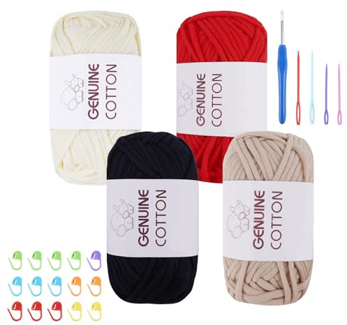 FALSKT Easy Crochet Yarn for Beginners 4x50g Chunky Yarn for Crochet Cotton Amigurumi Yarn Thick Wool for Knitting Crafts with Crochet Hook Plastic Needle Stitch Marker