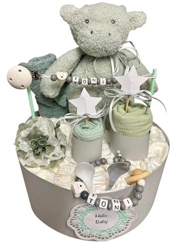 Windeltorte - Kuscheltiere - Geschenk, Babyparty, Geburt, Taufe, Babygeschenk (Grün Grau)