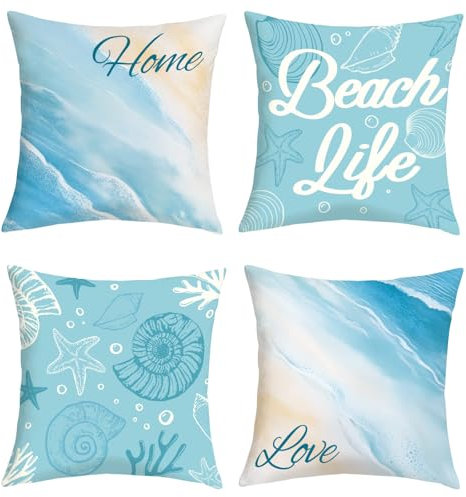 Joymaison Kissenbezüge 40x40 cm 4er Set Sommer Blau Ozean Strand Dekorative Kissenbezug Meer Muschel Strand Deko Kissenhülle für Sofa Couch Schlafzimmer Wohnzimmer