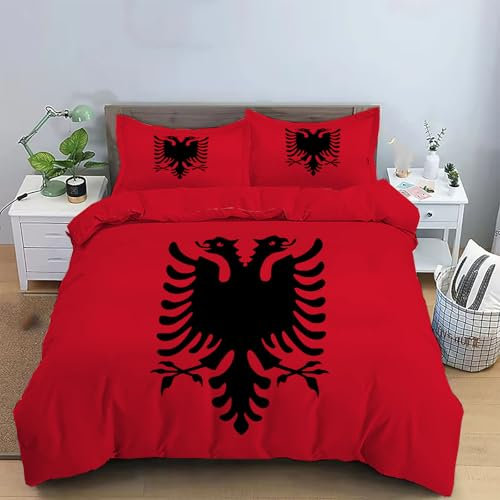 WunM Studio Bettwäsche, Bettwäsche-Sets mit Nationalflagge, Reißverschluss, ÖkoTex Zertifiziert, Enthält 1 Bettbezug und 2 Kissenbezug 80x80, Kreative Albanien-Flagge155×220CM