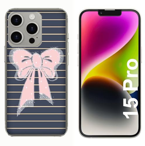 Generico Cover compatibile con Cover Apple iPhone 15 Pro Fiocco Rosa Su Sfondo a Strisce/Gel di silicone morbido TPU