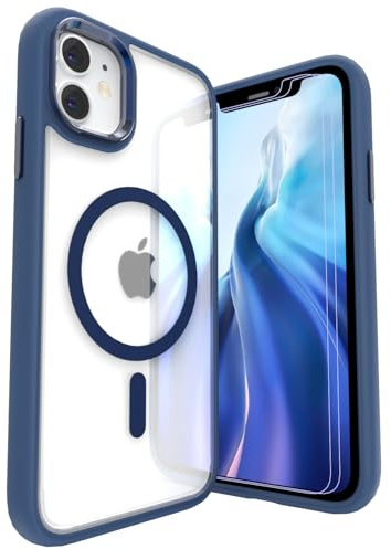 LUNOVATE Case for iPhone 11/iPhone XR, [Anti-Yellow] Magnetic Clear Cover with TPU Bumper, Transparent PC Back + 2 Screen Protectors, Shockproof Phone Case for iPhone 11 & iPhone XR 6.1 Inch - Marine