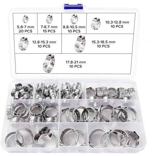 Lyeteung 85 Pezzi 7 Misure 5.8-21 mm Set di Fascette Stringitubo a Orecchio Singolo, Stringitubo Acciaio Inox Morsetti, Fascette per Tubi Flessibili a Orecchio Singolo, per Fissare Tubi