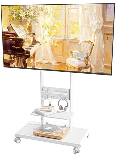 ECOTINY Rolling TV Stand with Versatile Storage Pegboard for 50-90 inch TVs up to 154lbs, Height Adjustable Mobile TV Stand with Storage Shelves, Tilt Swivel TV Cart Max VESA 600x400mm, White