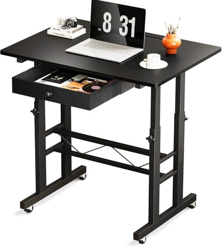 GTPLAYER Standing Desk Height Adjustable 80×50cm, Mobile Small Portable Computer Office Desks with Wheels, Tablet Slot and Smart Storage, Manual Sit Stand Table for Home Office Black