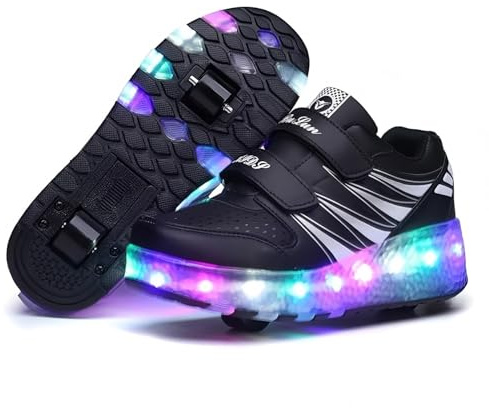 Kinder Schuhe mit leuchtenden LED-Rollen, Sneakers mit USB, wiederaufladbar, Doppelrad, Outdoor, Skateboard, Schwarz , 36 EU