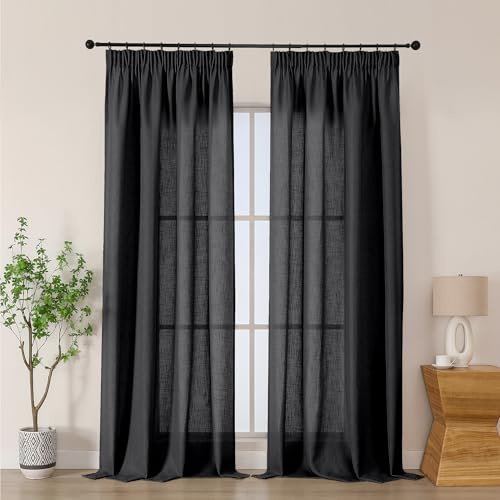 Simplebrand Gardinen Vorhänge mit Kräuselband Vorhang Modern Leinenoptik Halbtransparent Kräuselbandvorhang für Wohnzimmer Schlafzimmer Kinderzimmer Mädchen Raumteiler 2er Set Schwarz H245 x B140 cm