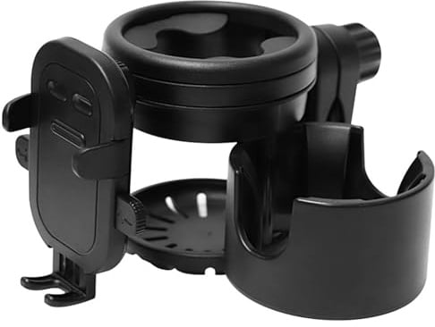 Porte-gobelet universel 4 en 1 pour poussette avec support de téléphone à 360 ° – Support réglable pour boisson et téléphone pour poussettes, fauteuils roulants, vélos et scooters 【Noir】