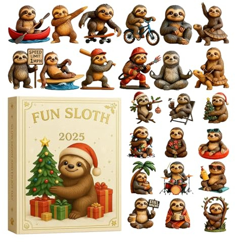 Fun Adventskalender 2025, 24 Tage Weihnachten Countdown Adventskalender mit 24 2D Acryl Pose Ornamente, Niedliche Tiere Faultiere Set für Faultiere Liebhaber & Home Decor