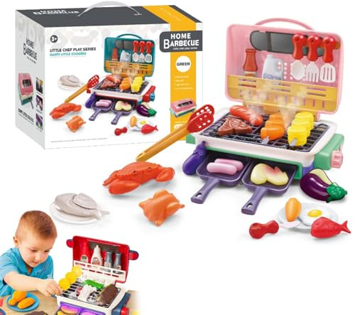 MagicMeals - Kids Sensory Kitchen, Magic Meals Kids Grill with Smoke Sound Light, Interactive BBQ Grill, Indoor/Outdoor Play Food Cooking Set (Pink)