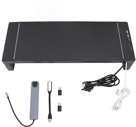 Desktop Monitor Stand Riser with 8 in 1 Docking Station, Computer Monitor Stand with Phone Holder Drawer, Multi Functional Hub for Laptop Desktop, Ergonomic Design with 25KG Bearin