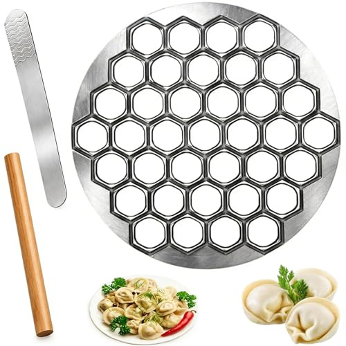3er-Set 37 Löcher Pelmeni Form, Teigtaschenformer, mit Nudelholz und Löffel | Hersteller, Knödelformmacher, Knödelform, Für Ravioli und Dumplings, für DIY Kochen, Familienfeiern,Partys,Küchenutensilien