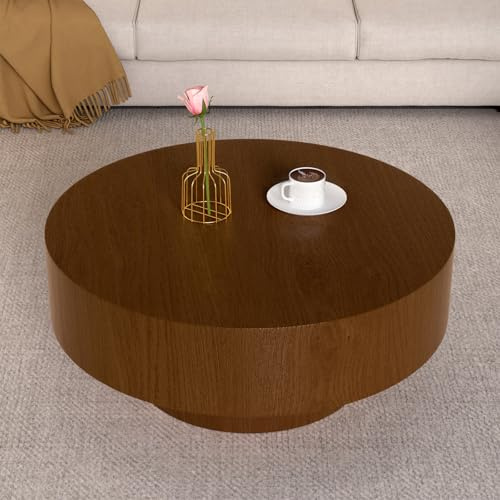 SOUWOFS Runder Couchtisch aus Holz, Mid-Century-Modern-Stil, Braun, 77.5CM | Stabiler Sockel, Großer Sofatisch, Kleiner Beistelltisch fürs Wohnzimmer, Einfache Montage