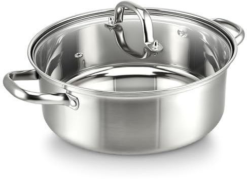 VeftBltrem Edelstahl Schmorpfanne,Hohe Edelstahl Servierpfanne unbeschichtet & ohne PTFE/PFOA,Pfanne für alle Herdarten, Servierpfanne geschmackserhaltend, Backofenfest(26CM)