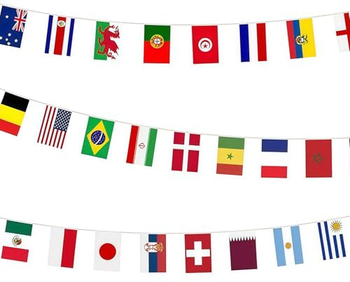 YEJAHY Confezione da 32 bandiere per Mondiali del 2026, decorazione della Coppa del Mondo 20 m, ghirlanda decorativa da calcio, stampata su entrambi i lati, per bar e feste in giardino