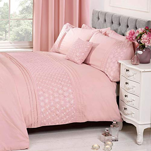 Rapport Home Everdean Floral Single Quilt Duvet Cover & Pillowcase Embroidered Pink Set