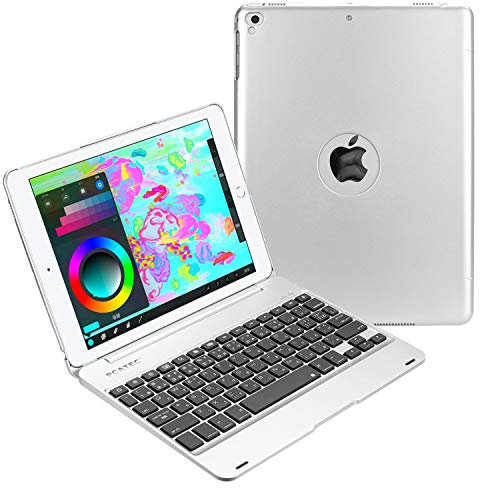 PCATEC Étui à clavier pour iPad 9.7 2018/2017 - Support intelligent - Clavier Bluetooth sans fil - Avec fonction veille/réveil automatique (pour iPad 9.7/iPad 5, argent)