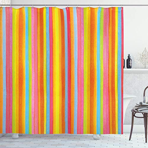 ABAKUHAUS Gestreift Duschvorhang, Vertikale Bunte Zeilen, Stoffliches Gewebe Badezimmerdekorationsset mit Haken, 175 x 240 cm, Orange Rosa