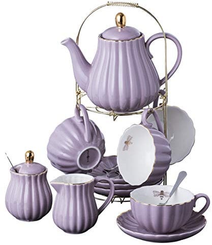 Jusalpha Fine China Pink Coffee Cup/Teacup Set, 8 OZ Cups& Saucer Set for 4,with Teapot-Sugar Bowl-Cream Pitcher Spoons, Tea Strainer and Tea Cup Holder (Purple, Serve of 4)